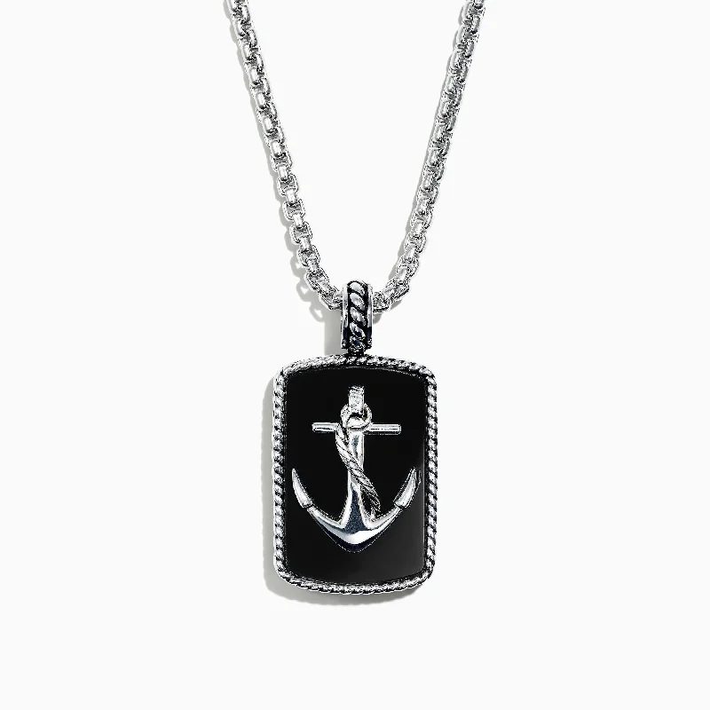 Men's Sterling Silver Onyx Anchor Dog Tag Pendant, 18.85 TCW