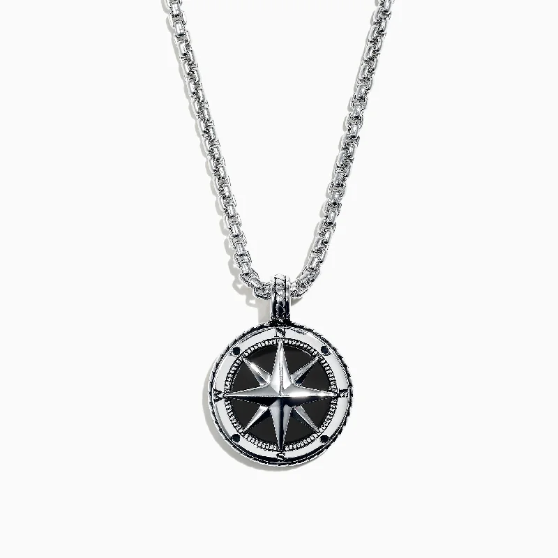 Men's Sterling Silver Onyx Compass Pendant, 4.00 TCW