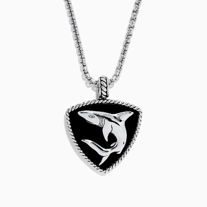 Men's Sterling Silver Onyx Shark Pendant, 11.50 TCW