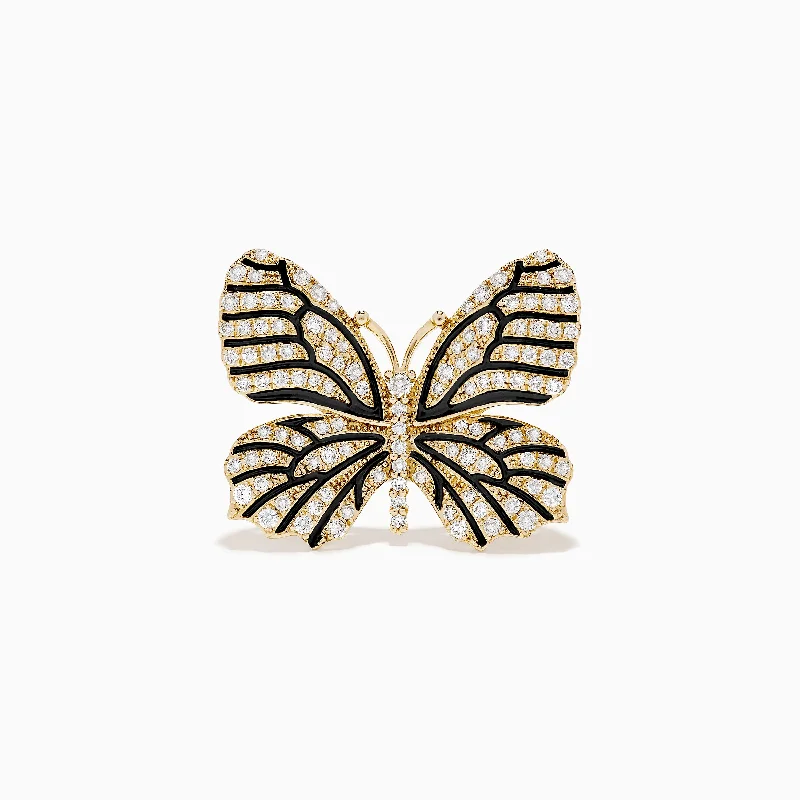 Nature 14K Yellow Gold Black and White Diamond Butterfly Ring