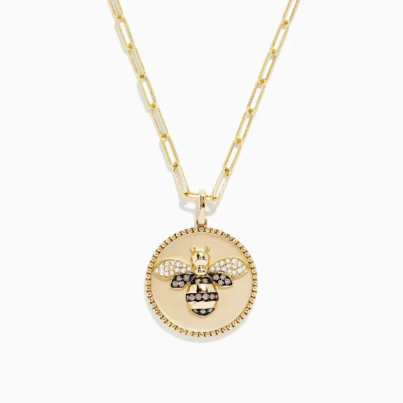 Nature 14K Yellow Gold Espresso and White Diamond Bee Coin Pendant