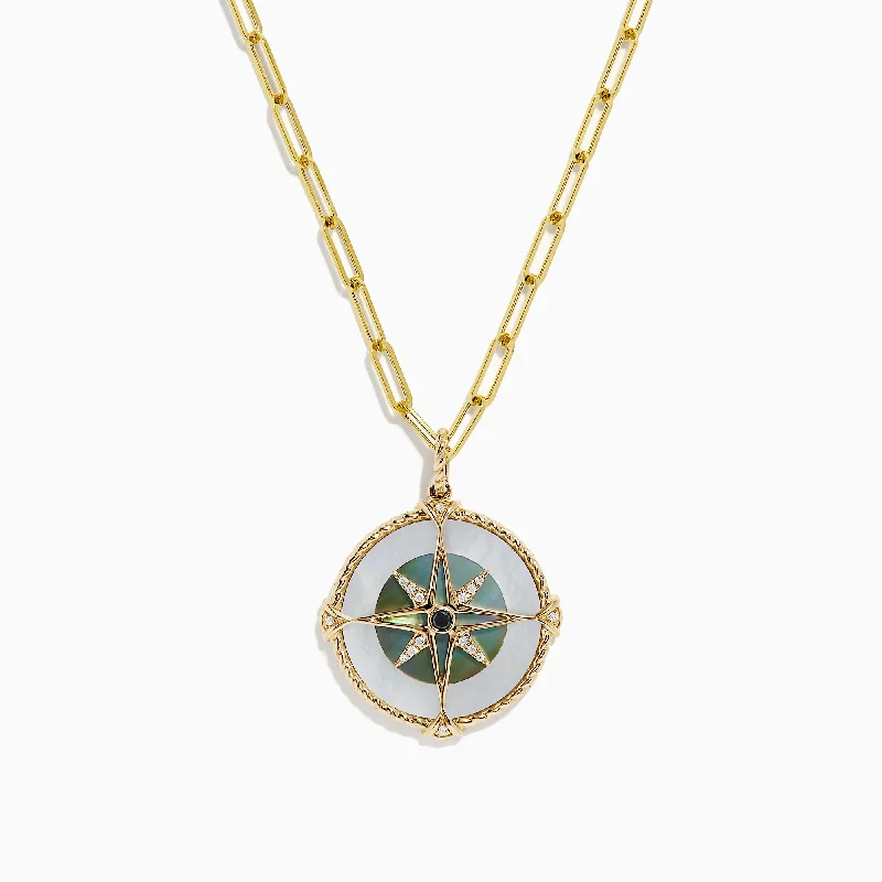 Novelty 14K Gold Multi Gemstone and Diamond Compass Pendant, 0.08 TCW