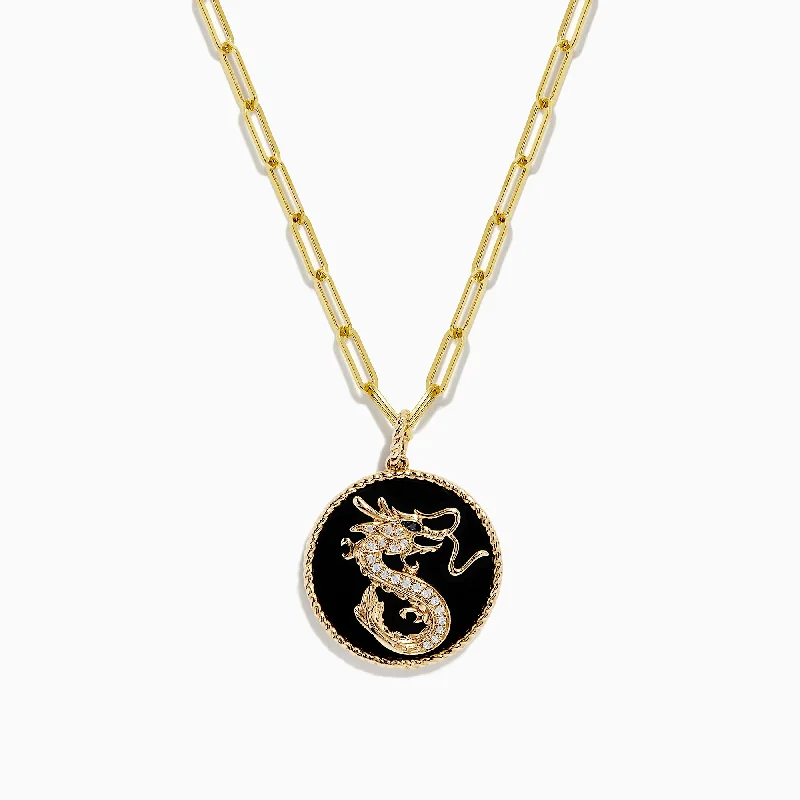 Novelty 14K Yellow Gold Onyx and Diamond Dragon Coin Pendant, 4.62 TCW