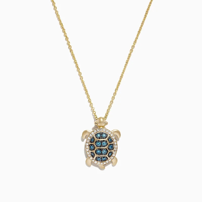 14K Yellow Gold Blue and White Diamond Sea Turtle Pendant, 0.41 TCW