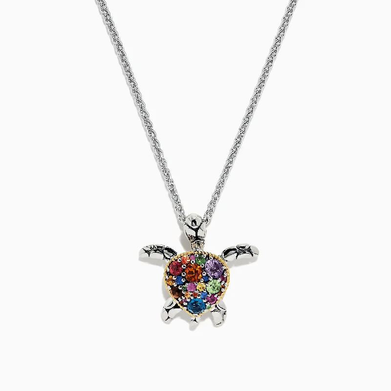 Seaside Sterling Silver Multi Gemstone Turtle Pendant, 2.00 TCW