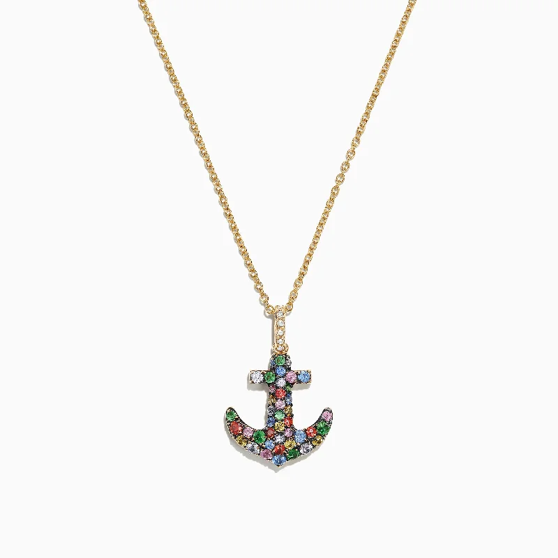 Watercolors 14K Gold Multi Sapphire Diamond Anchor Pendant, 0.76 TCW