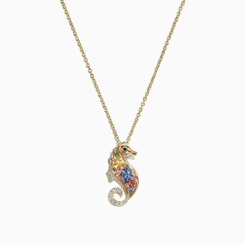 Watercolors 14K Gold Multi Sapphire Diamond Seahorse Pendant, 0.71 TCW