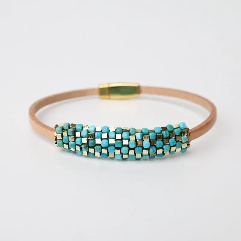 Tiny Turquoise & Gold Plated Hematite Leather Bracelet