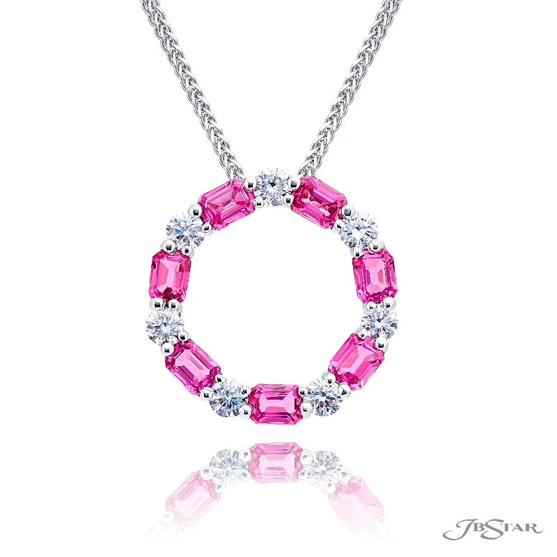 JB Star 950 White Platinum Emerald Shape Pink Sapphires and Diamonds Circle Pendant with a 950 White Platinum Wheat Chain (2.50ctw)