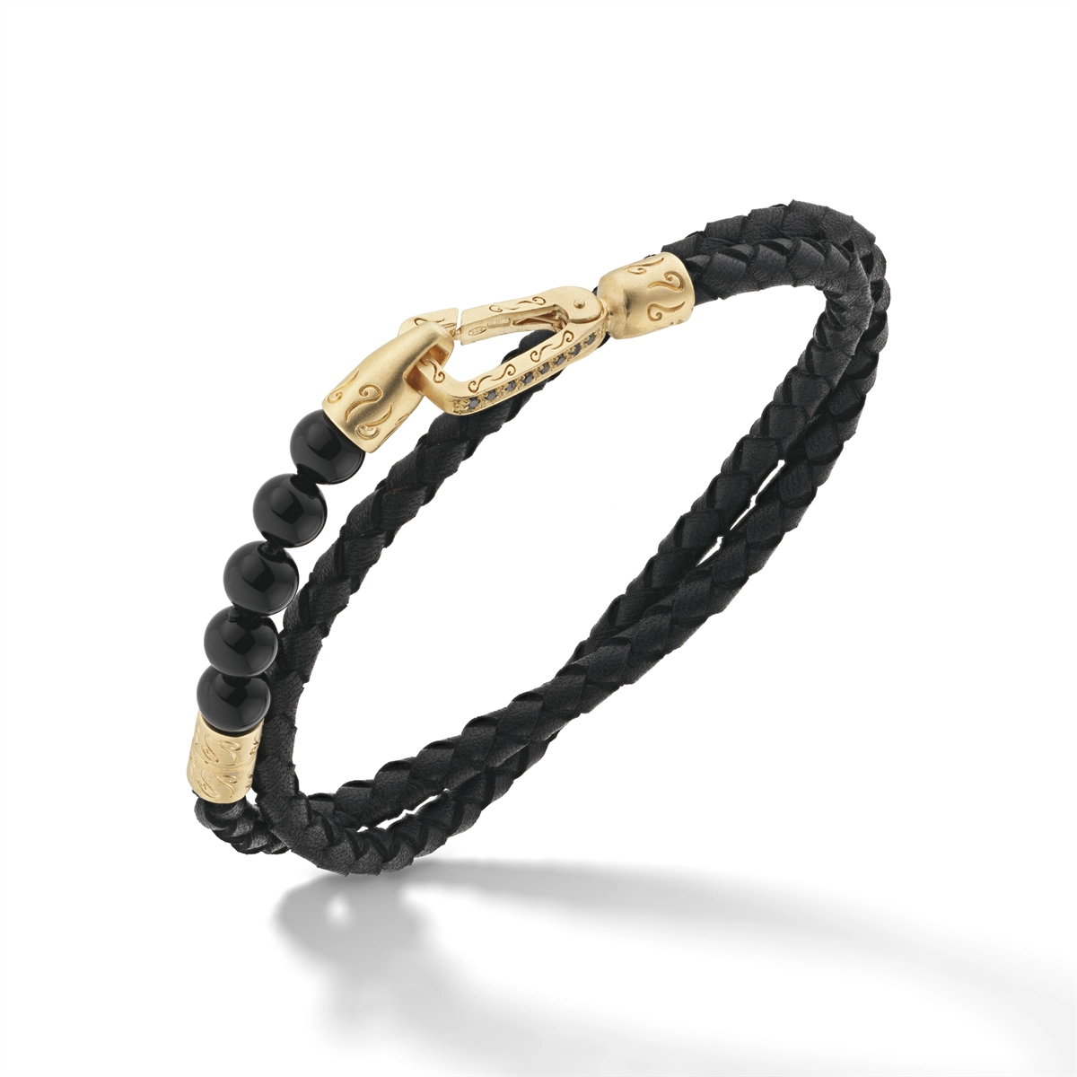 Marco Dal Maso Lash 18K Yellow Gold Vermeil over Sterling Silver and Black Woven Leather Bracelet with Black Onyx Beads