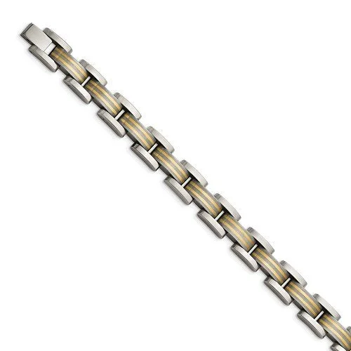 Men's Polished and Matte Titanium, 14k Yellow Gold Inlay Two-Tone Bracelet, 8"