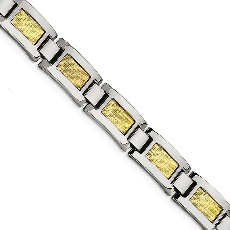 Men's Polished Stainless Steel 11mm 18k Yellow Gold Foil Bracelet, 8.25"