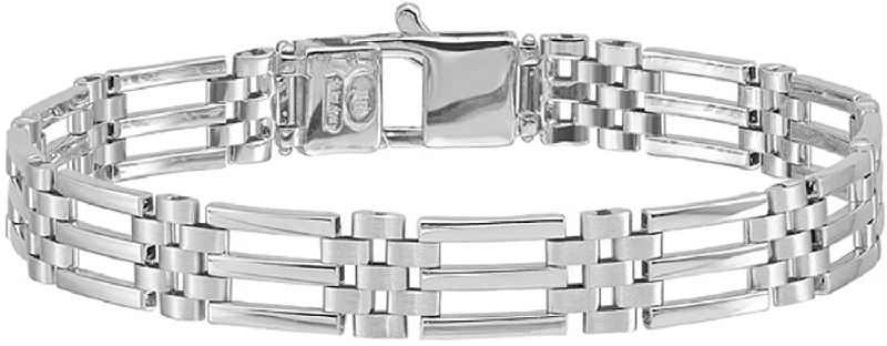 Men's Italian Rhodium Plated 14k White Gold 9mm 3 Bar Stampato Link Bracelet, 8.5 Inches