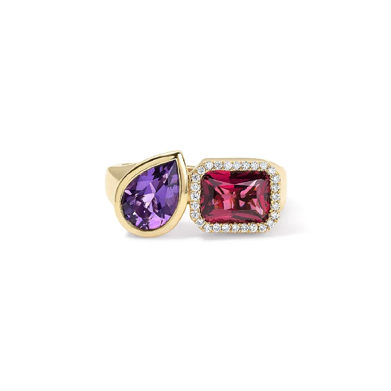 Rhodolite and Amethyst Toi Et Moi Ring with Diamond Halo