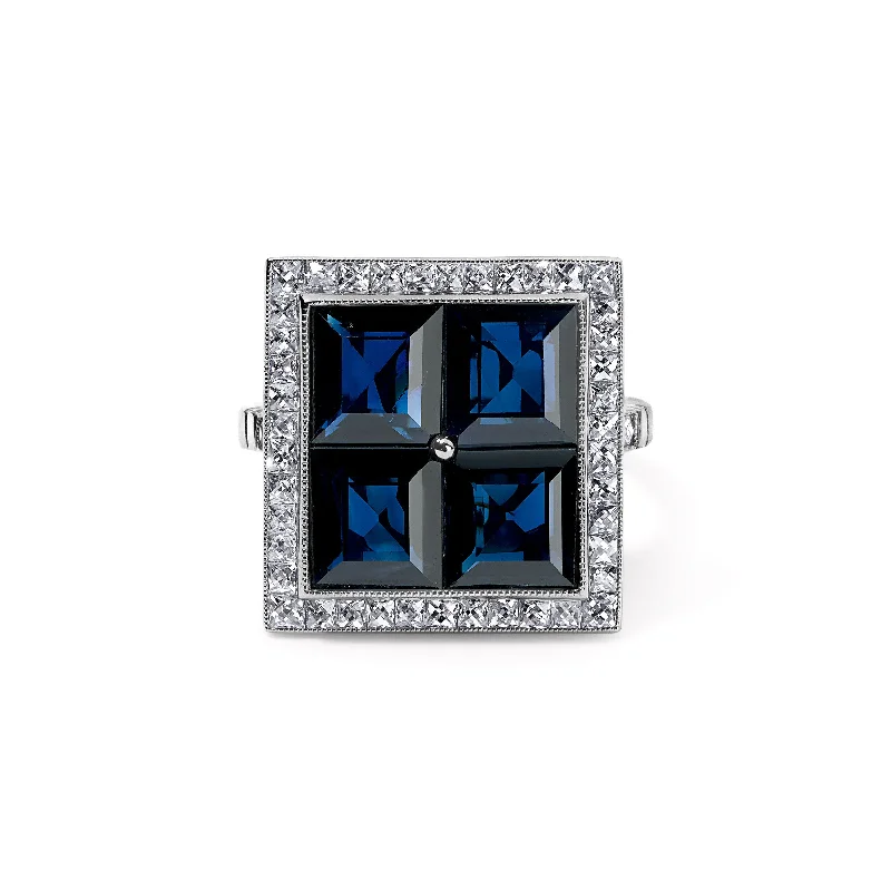 Square Sapphire Ring with Diamond Halo