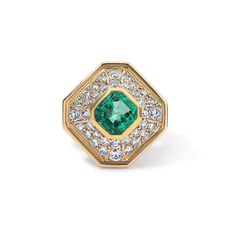 Vintage Asscher Shaped Emerald and Diamond Cocktail Ring