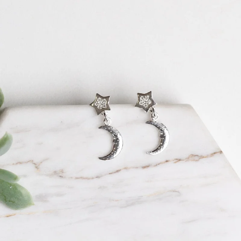 Crescent Moon On Star Post Earrings