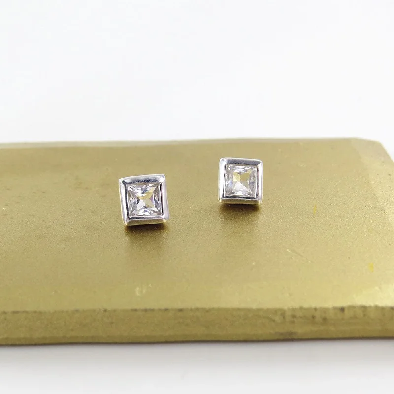 Square White Topaz Post Earring