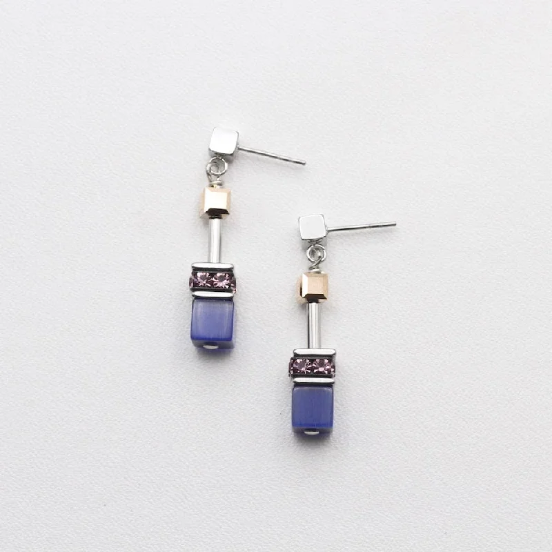 BLUE AND BROWN CAT EYE GEO CUBE EARRING