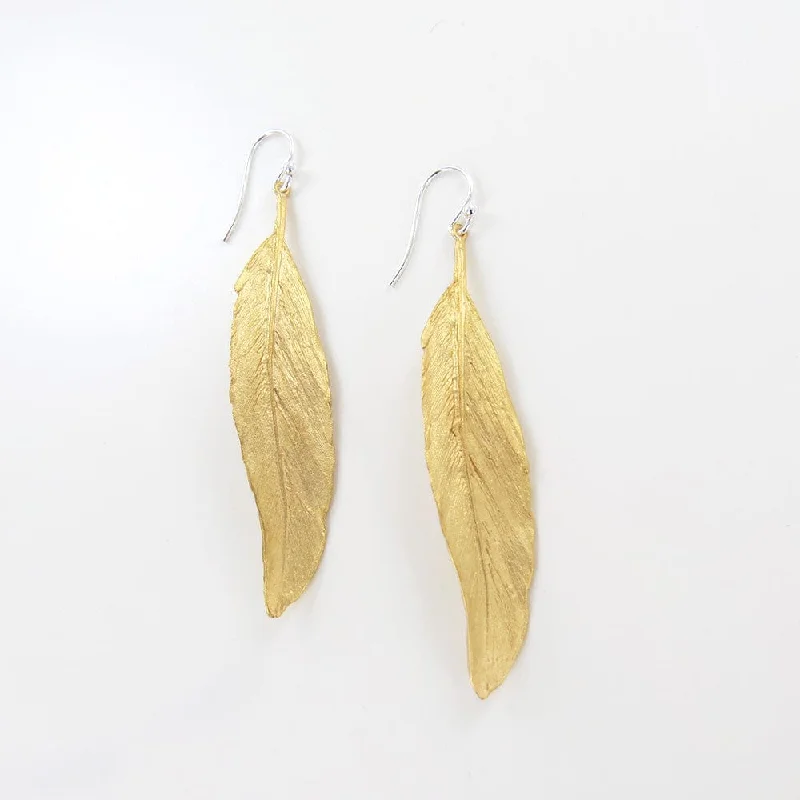 Feather Gold Finish Linear Earrings