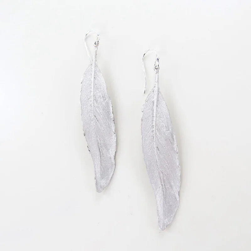 Feather Silver Finish Linear Earrings