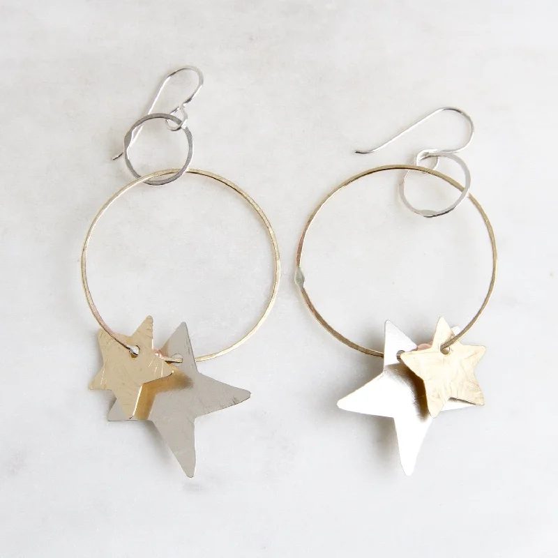 Sterling Silver & Brass Double Star Loopy Earrings