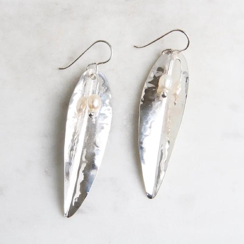 Sterling Silver Long Leaf with Freshwater Pearl Earring