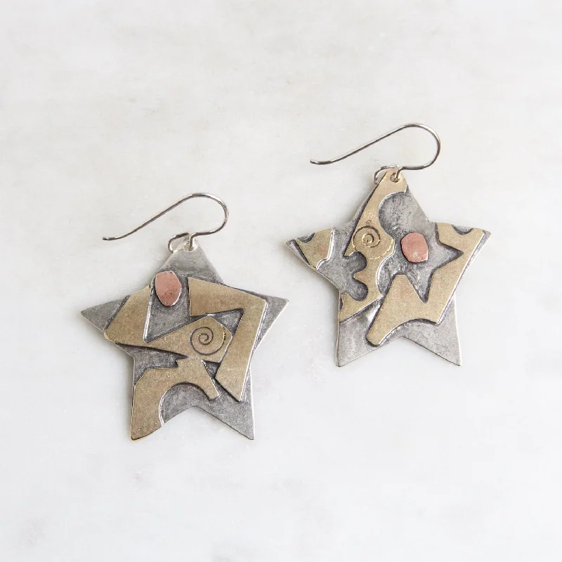 Sterling Silver Stars with Abstract Brass & Copper Earrings