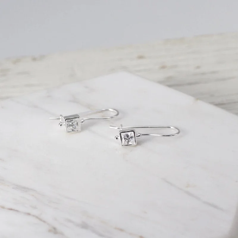 Square Bezel Set CZ Earring with Locking Hook - Sterling Silver