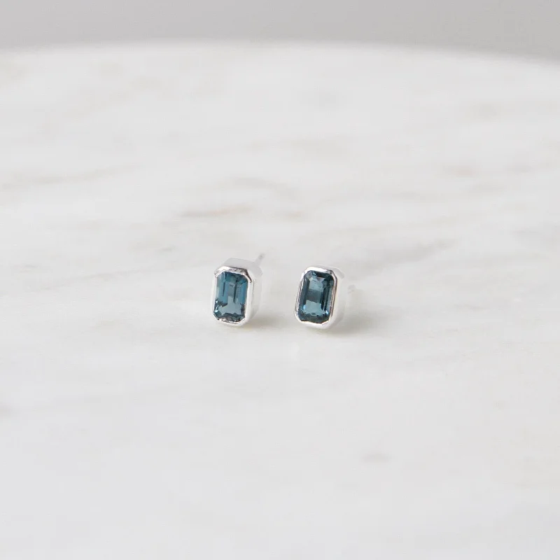 Sterling Silver Bezel Set Emerald Cut London Blue Topaz Earrings