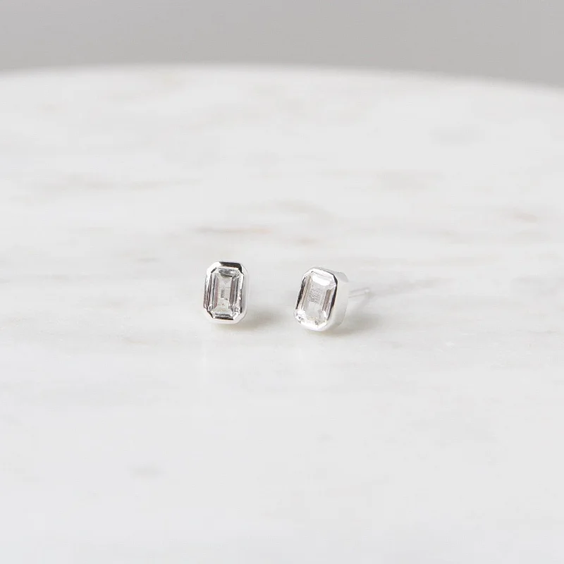 Sterling Silver Bezel Set Emerald Cut White Topaz Earrings