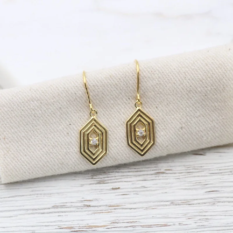 Gold Vermeil Hex with Ridges and Cubic Zirconium Earring