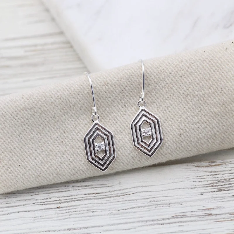 Sterling Silver Hex with Ridges and Cubic Zirconium Earring