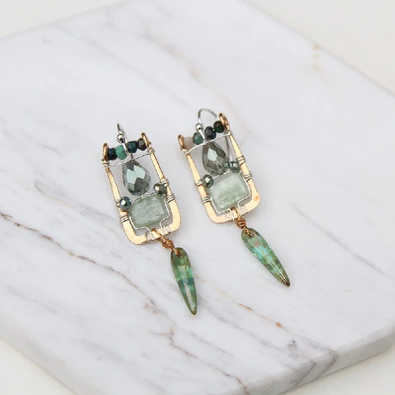 Hand Formed Bronze Box Earring Green Kyanite Earring