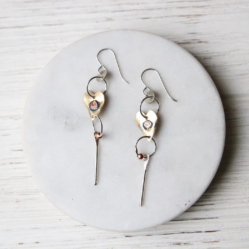 Mixed Metal Dangly Heart Earrings