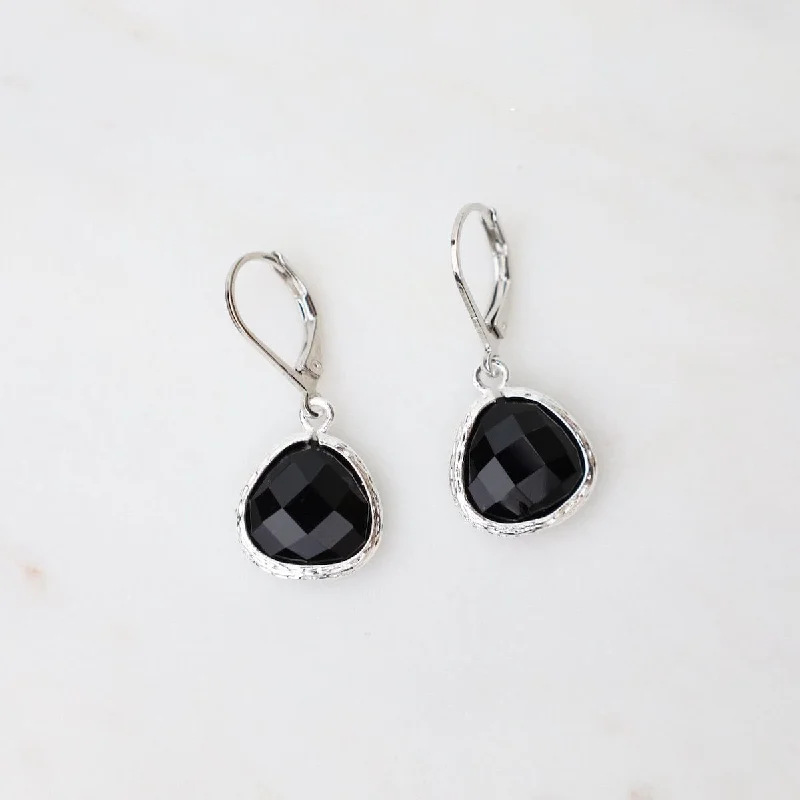 Sterling Silver Black Crystal Lever Back Earrings