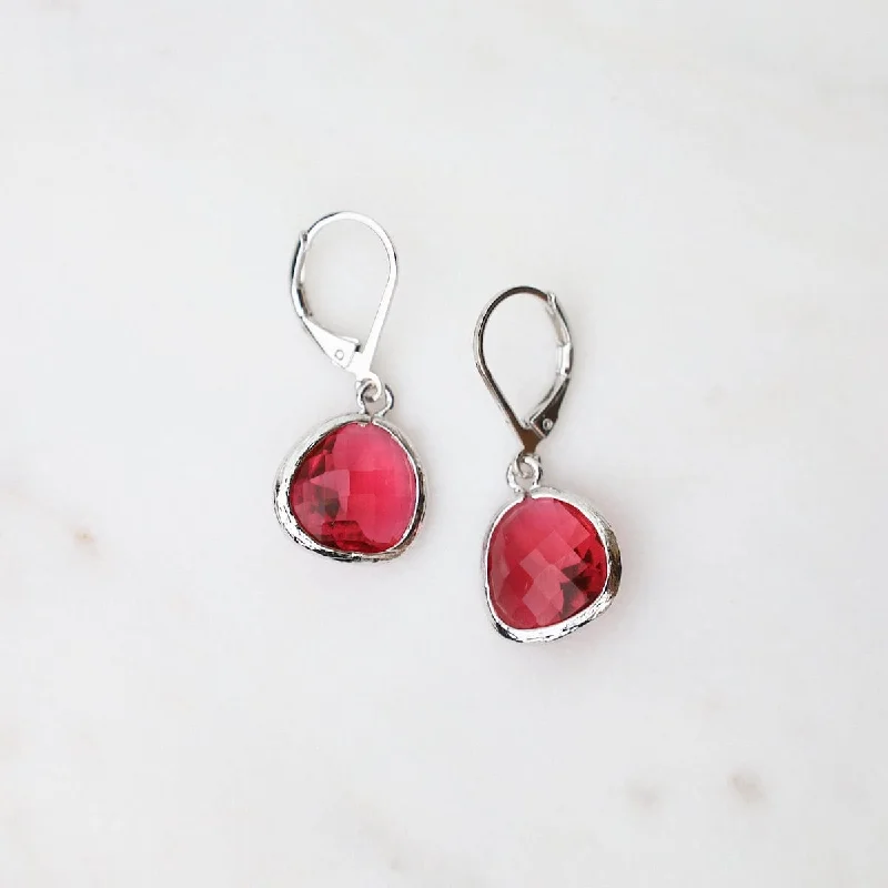 Sterling Silver Fuchsia Crystal Lever Back Earrings