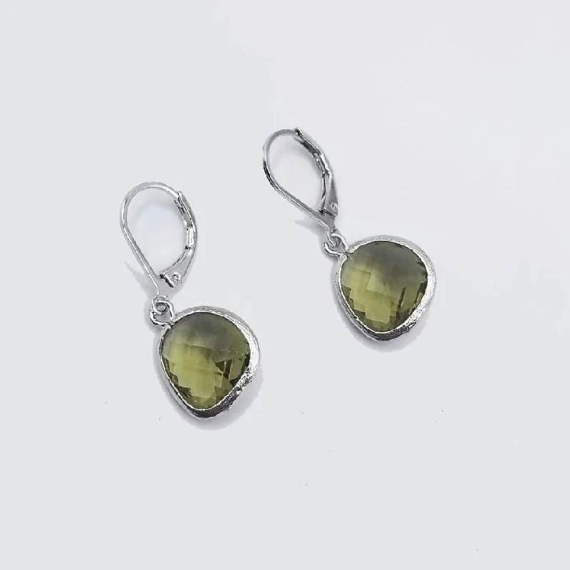 Sterling Silver Olive Crystal Lever Back Earrings