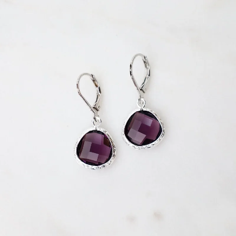 Sterling Silver Plum Crystal Lever Back Earrings