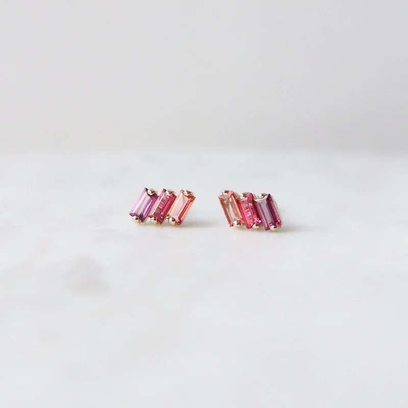 14k Yellow Gold Mixed Pink Baguette Bar Earring