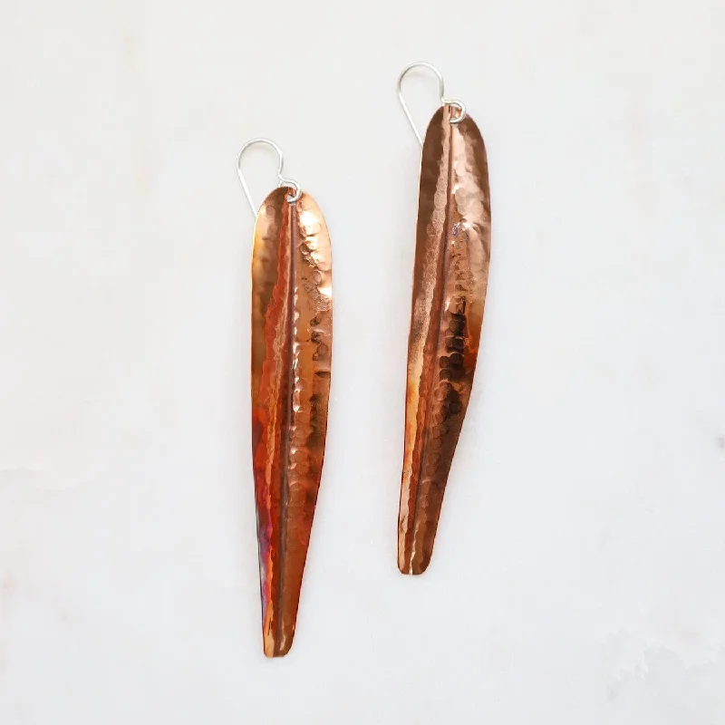 Long Hammered Copper Leaf Earrings