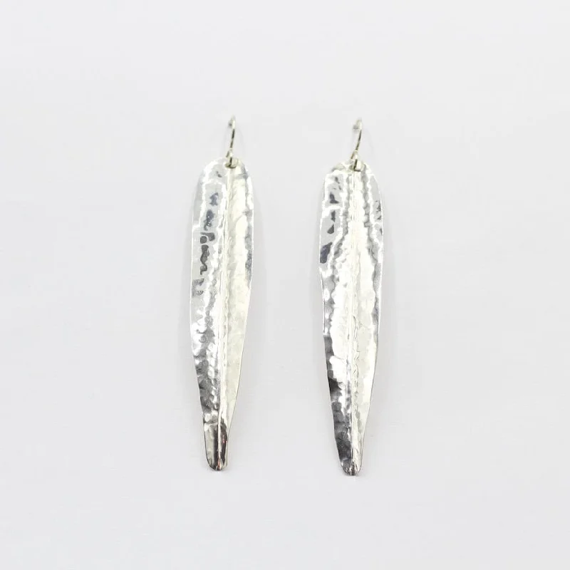 Long Hammered Silver Leaf Earrings